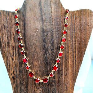 Gold-Tone Necklace With Red Crystal Bezel Set Chain Design 18 Inches Statement